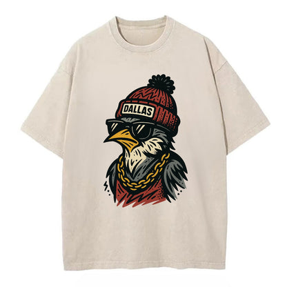 Dallas Mockingbird wearing Dallas beanie with pom pom and wayfarer sunglasses - Vintage T-shirt - Off White