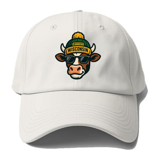 Wisconsin Cow wearing Packers beanie with Lambeau patch and wayfarer - Baseball Cap For Big Heads - Off White