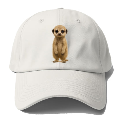 Baby Meerkat - tan fur, dark eye patches, alert stance, bright eyes, front-facing, - Baseball Cap - Off White