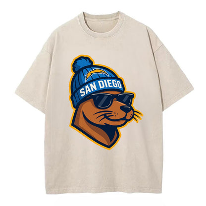 San Diego Sea Lion wearing Chargers beanie with bolt patch and wayfarer sunglasses - Vintage T-shirt - Off White