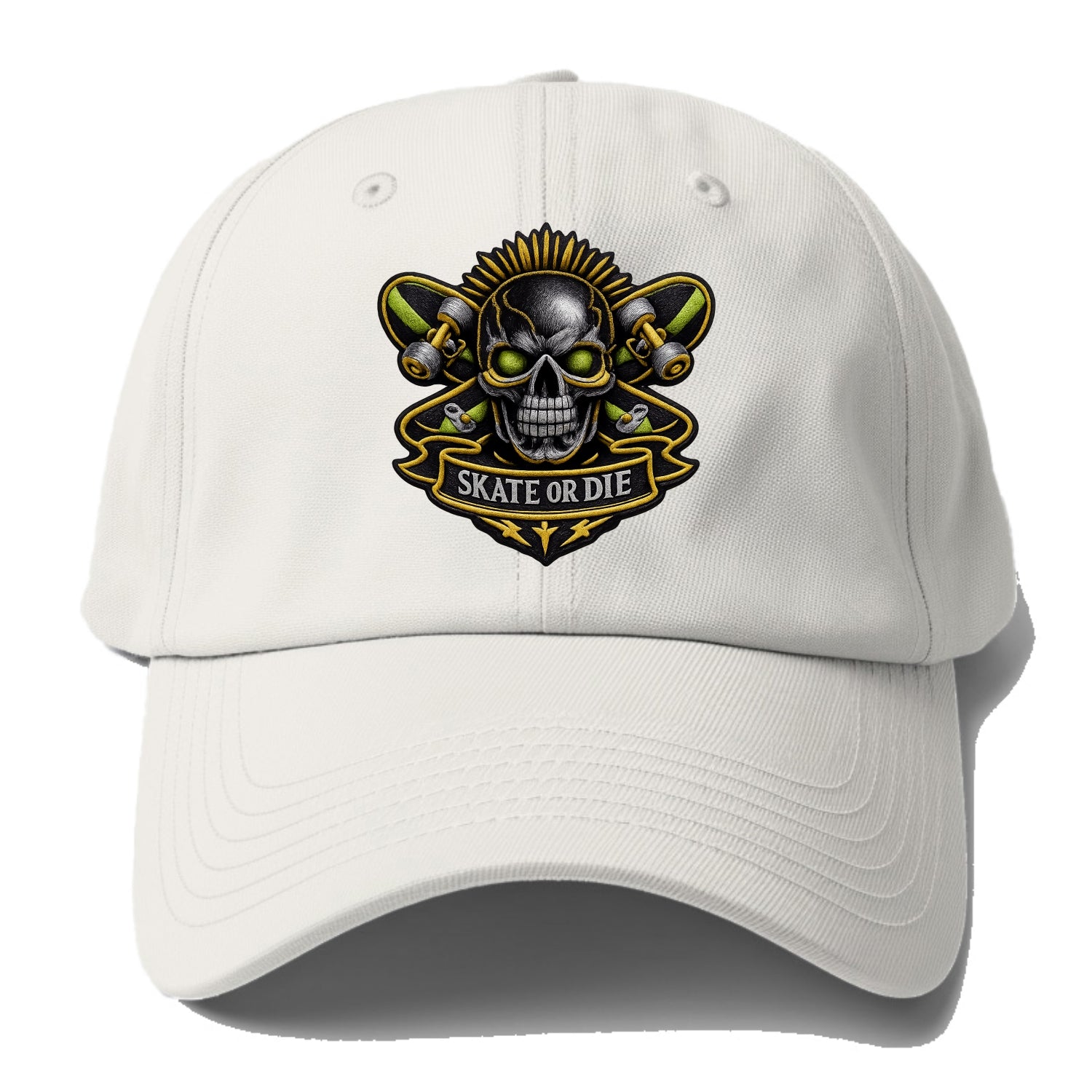 Embroidered patch design - SKATEBOARD SKULL - skull with skateboard in - Baseball Cap For Big Heads - Off White