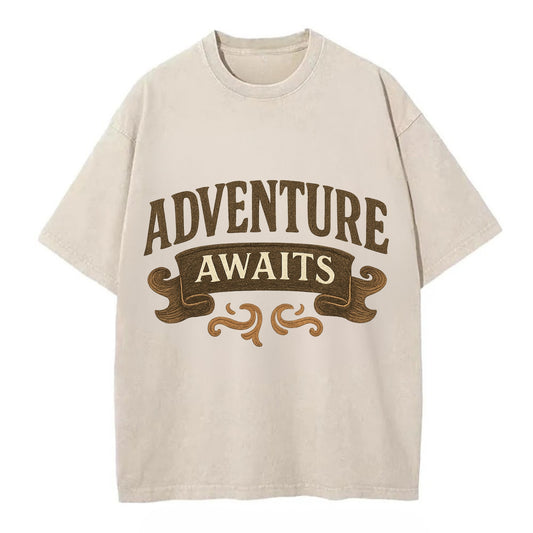 Bold typography design - "ADVENTURE AWAITS" - excitement ahead, ready for anything - Vintage T-shirt - Off White
