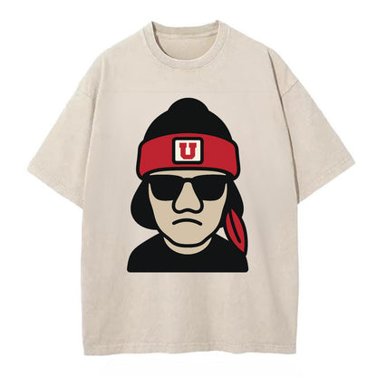 Salt Lake Ute wearing Utah beanie with U patch - Vintage T-shirt - Off White