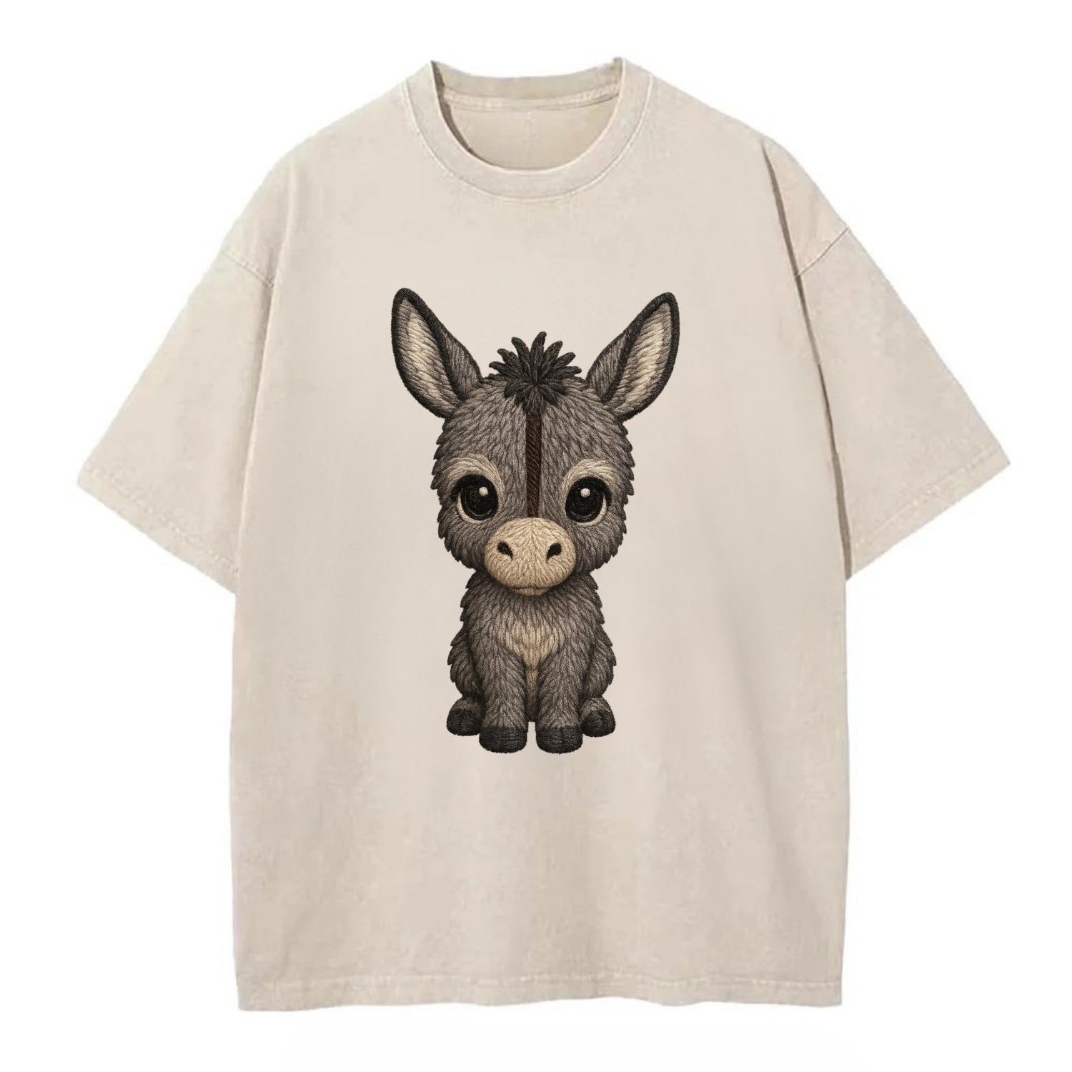 Baby Donkey Foal - gray fluffy, long ears, dark stripe, gentle eyes, - Vintage T-shirt - Off White