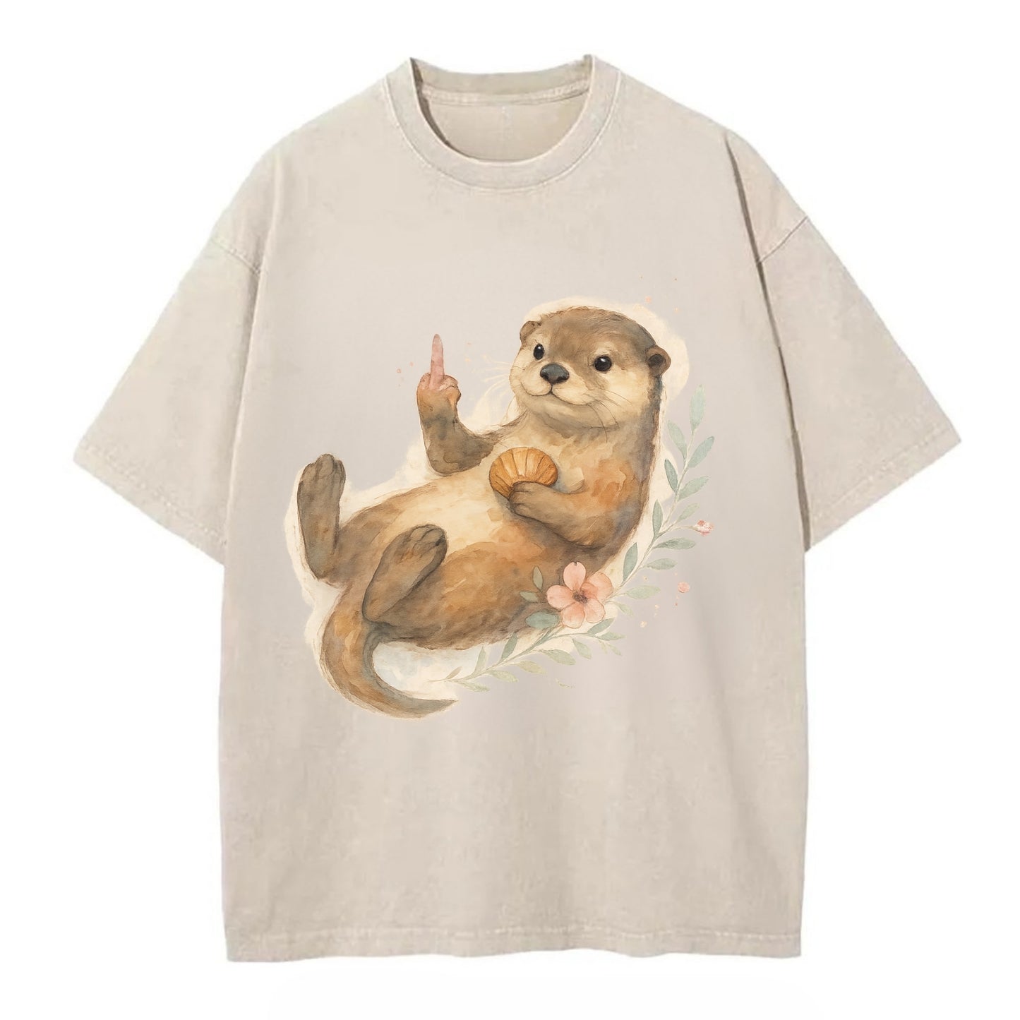 adorable otter floating on back, middle finger up while holding a shellfish - Vintage T-shirt - Off White