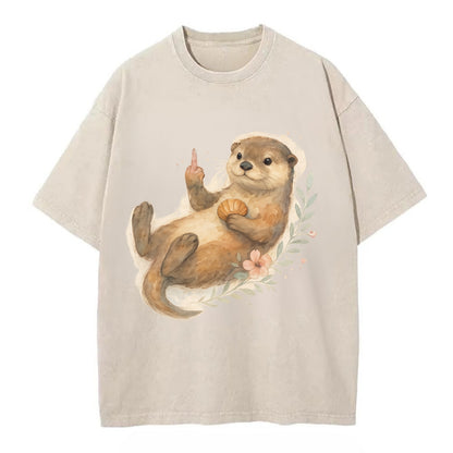 adorable otter floating on back, middle finger up while holding a shellfish - Vintage T-shirt - Off White