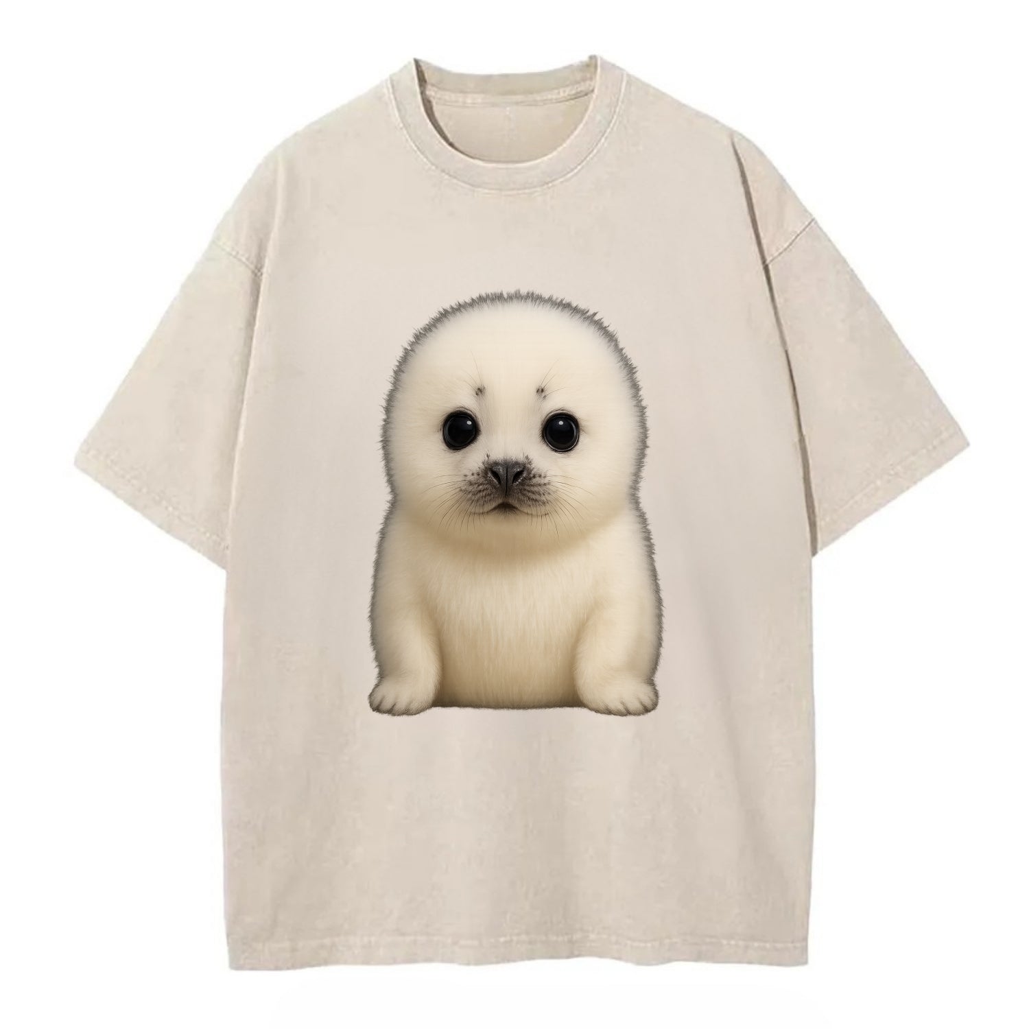 Baby Harp Seal - pure white fluffy fur, enormous dark eyes, front-facing, iconic - Vintage T-shirt - Off White