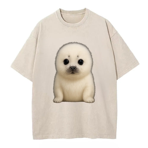 Baby Harp Seal - pure white fluffy fur, enormous dark eyes, front-facing, iconic - Vintage T-shirt