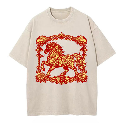 HORSE | Silk style horse design | Gold and silver thread appearance | Phoenix and - Vintage T-shirt - Off White