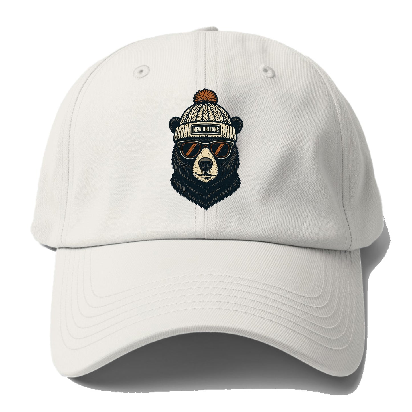 Louisiana Black Bear wearing New Orleans beanie with pom pom and - Baseball Cap For Big Heads - Off White