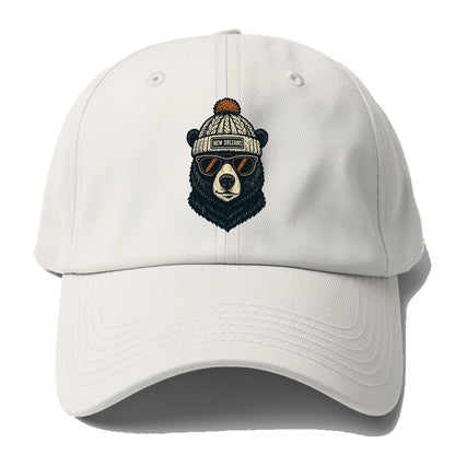 Louisiana Black Bear wearing New Orleans beanie with pom pom and - Baseball Cap For Big Heads - Off White