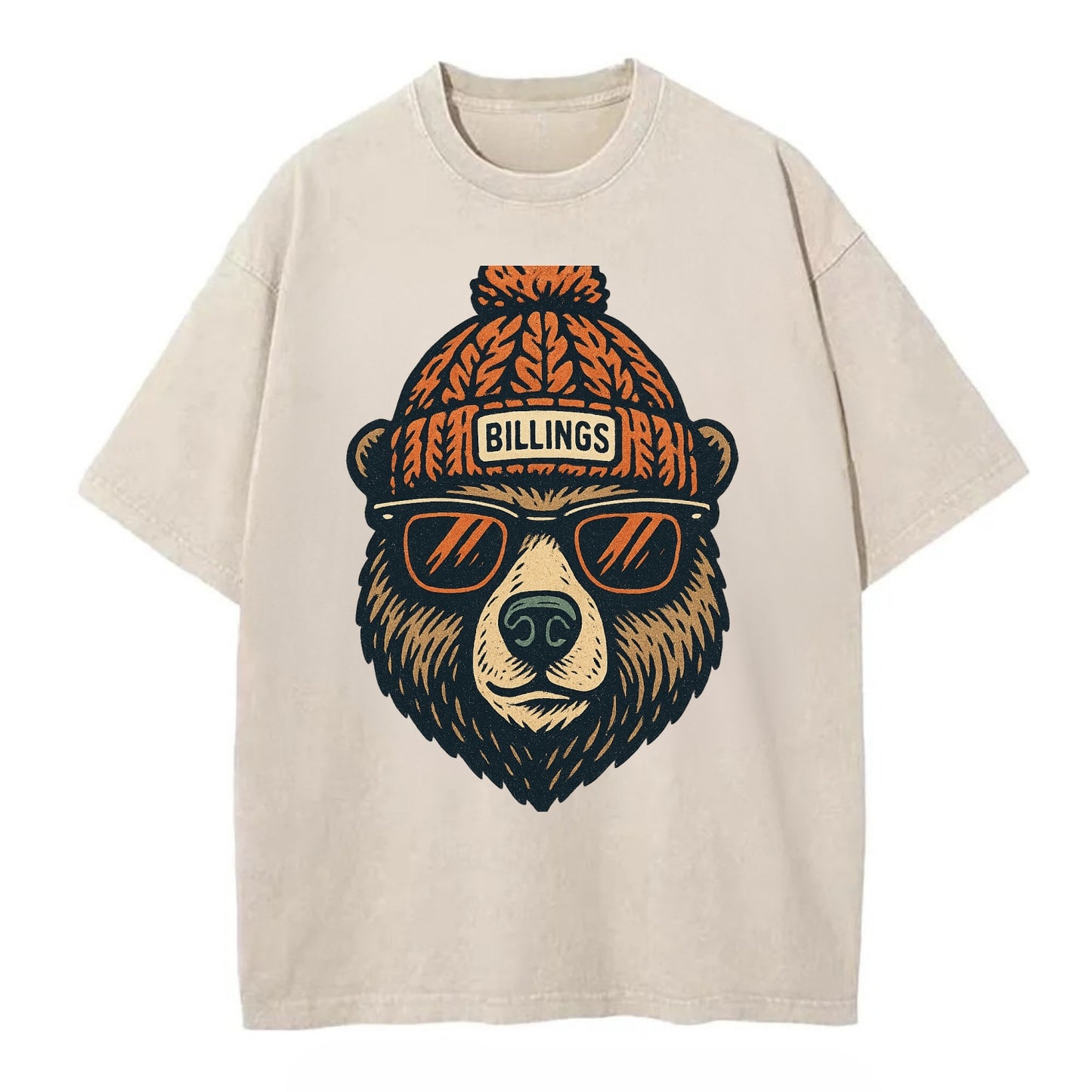 Montana Grizzly Bear wearing Billings beanie with pom pom and wayfarer sunglasses - Vintage T-shirt - Off White