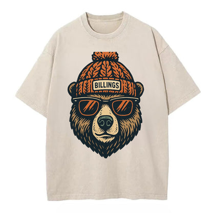Montana Grizzly Bear wearing Billings beanie with pom pom and wayfarer sunglasses - Vintage T-shirt - Off White