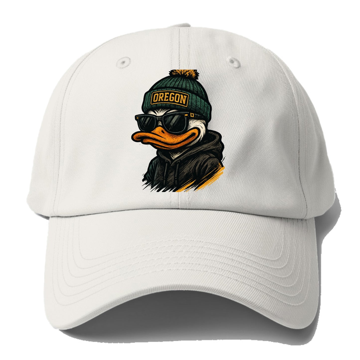 Eugene Duck wearing Oregon beanie with O patch - Baseball Cap For Big Heads - Off White
