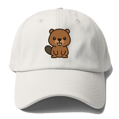 Baby Beaver - brown fur, paddle tail, buck teeth, friendly eyes, front-facing, - Baseball Cap - Off White