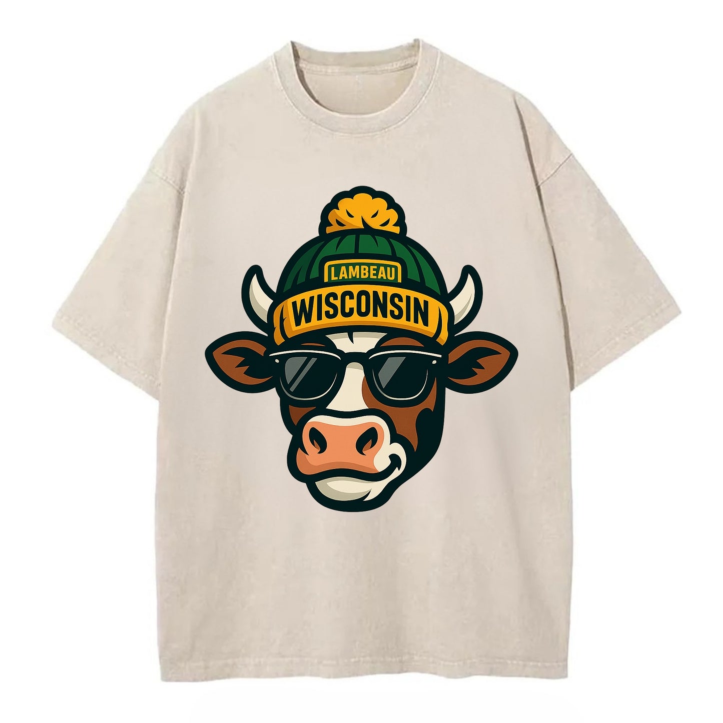 Wisconsin Cow wearing Packers beanie with Lambeau patch and wayfarer sunglasses - Vintage T-shirt - Off White