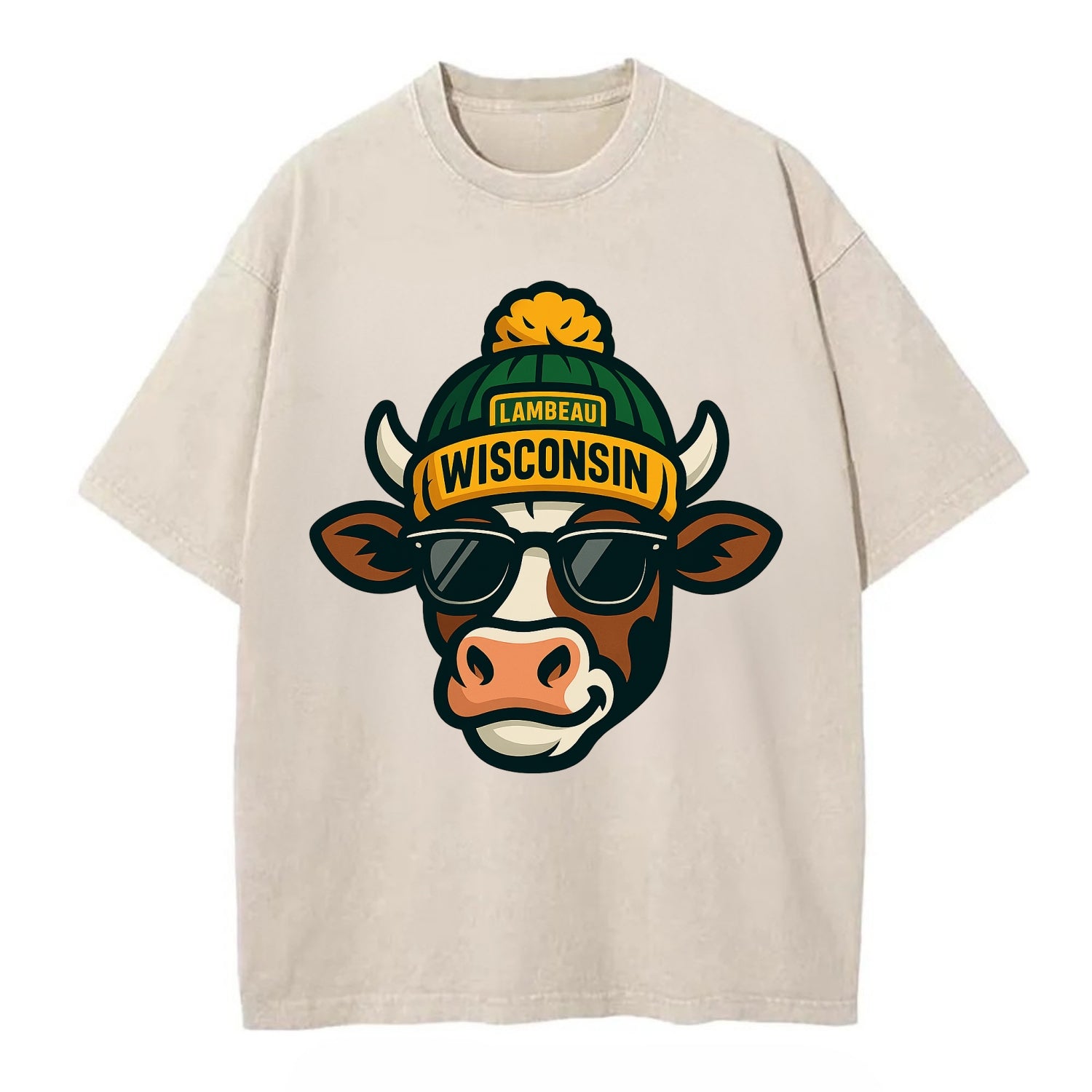 Wisconsin Cow wearing Packers beanie with Lambeau patch and wayfarer sunglasses - Vintage T-shirt - Off White