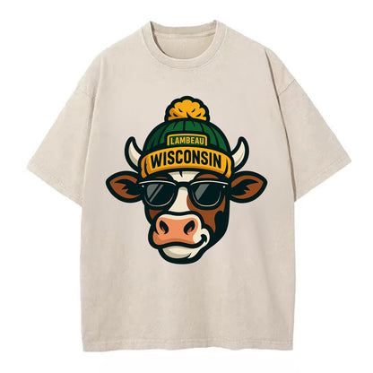 Wisconsin Cow wearing Packers beanie with Lambeau patch and wayfarer sunglasses - Vintage T-shirt - Off White