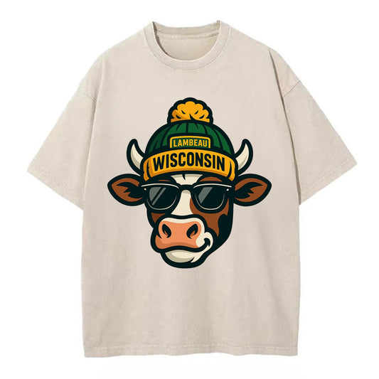 Wisconsin Cow wearing Packers beanie with Lambeau patch and wayfarer sunglasses - Vintage T-shirt - Off White