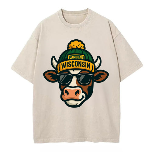 Wisconsin Cow wearing Packers beanie with Lambeau patch and wayfarer sunglasses - Vintage T-shirt