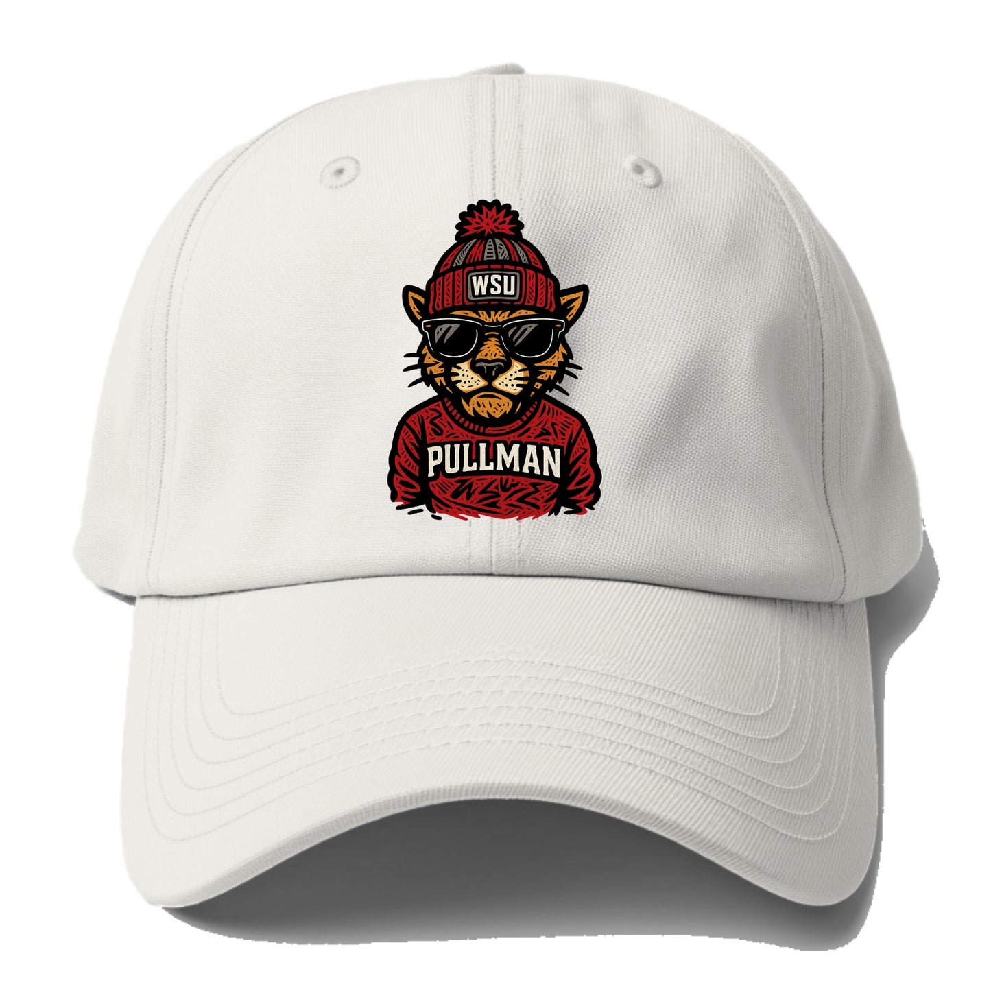 Pullman Cougar wearing Washington State beanie with WSU patch - Baseball Cap For Big Heads - Off White