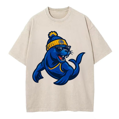 Bay Area Sea Lion wearing Warriors blue and gold beanie with Golden Gate and - Vintage T-shirt - Off White