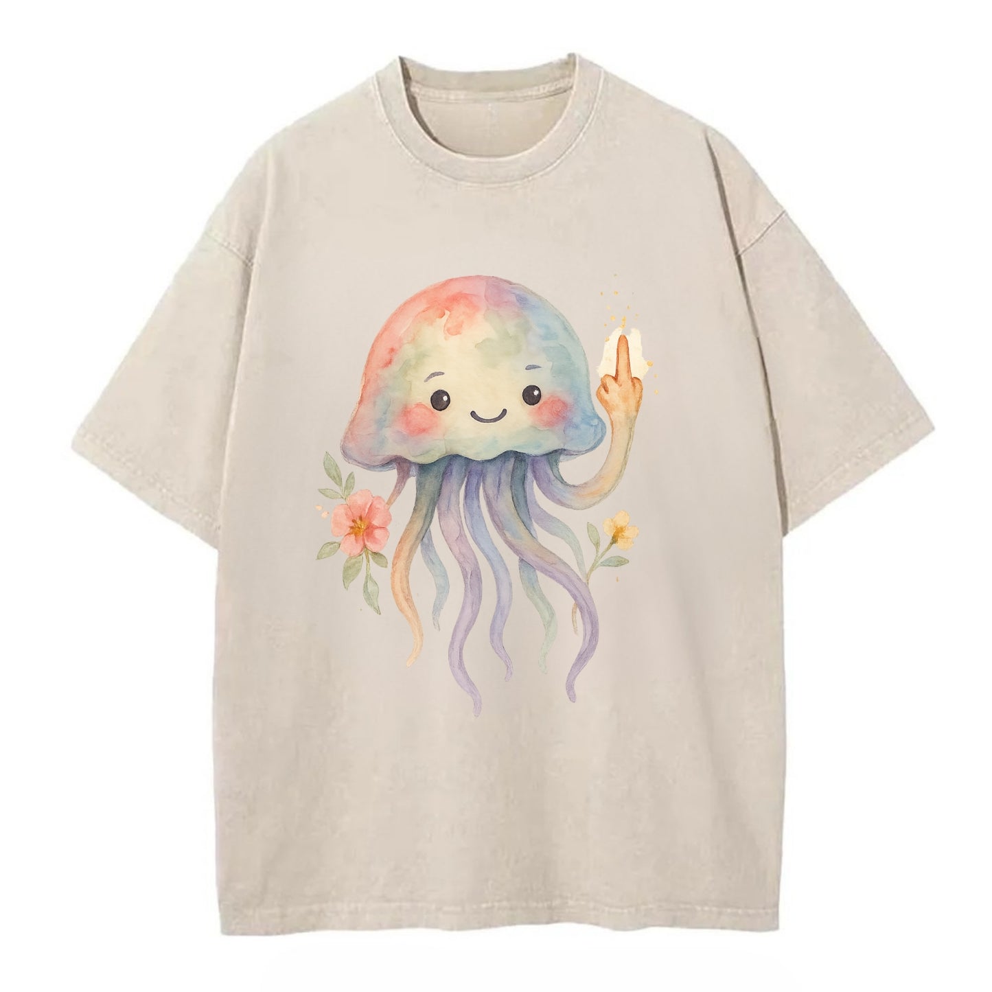jellyfish with kawaii face and tentacles, one tentacle pointing up defiantly - Vintage T-shirt - Off White
