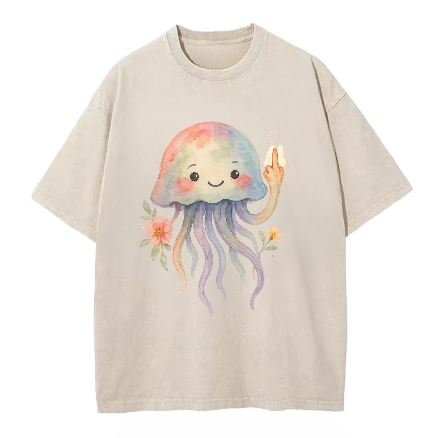jellyfish with kawaii face and tentacles, one tentacle pointing up defiantly - Vintage T-shirt - Off White