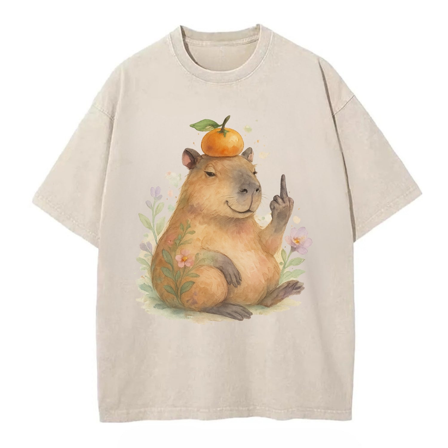 chonky capybara relaxing with orange on head, one webbed middle finger up - Vintage T-shirt - Off White