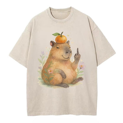 chonky capybara relaxing with orange on head, one webbed middle finger up - Vintage T-shirt - Off White