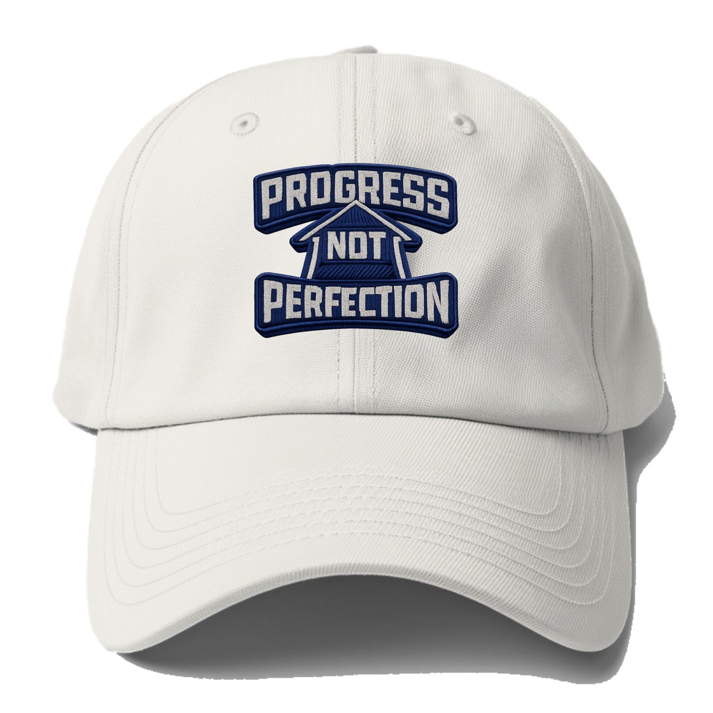 PROGRESS NOT PERFECTION - arrow with text in blue , growth mindset - Baseball Cap - Off White
