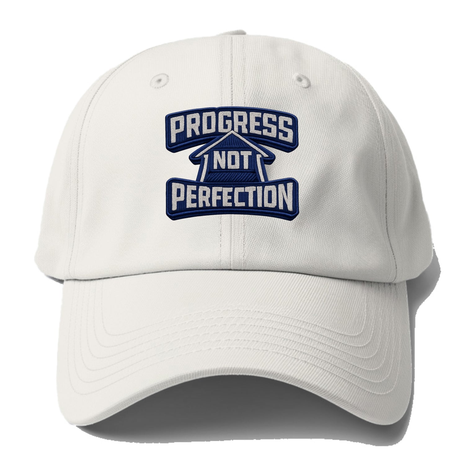 PROGRESS NOT PERFECTION - arrow with text in blue , growth mindset - Baseball Cap - Off White