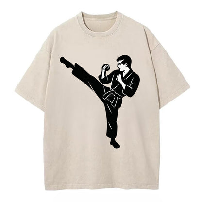 Martial artist performing a high kick - Vintage T-shirt - Off White