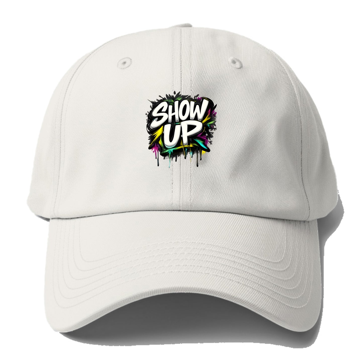 Bold typography design - "SHOW UP" - be present, arrive ready - Baseball Cap For Big Heads - Off White