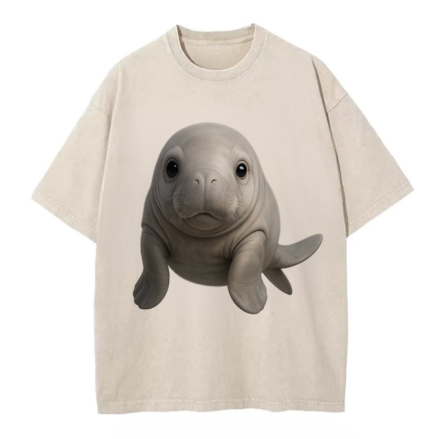 Baby Dugong - gray with paddle tail, gentle expression, whiskers, front-facing, - Vintage T-shirt - Off White