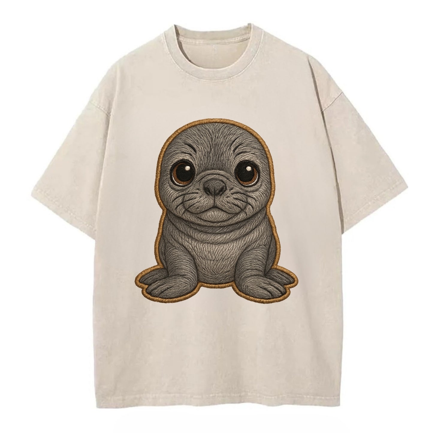 Baby Elephant Seal - gray wrinkly, tiny trunk nose, big dark eyes, front-facing, - Vintage T-shirt - Off White