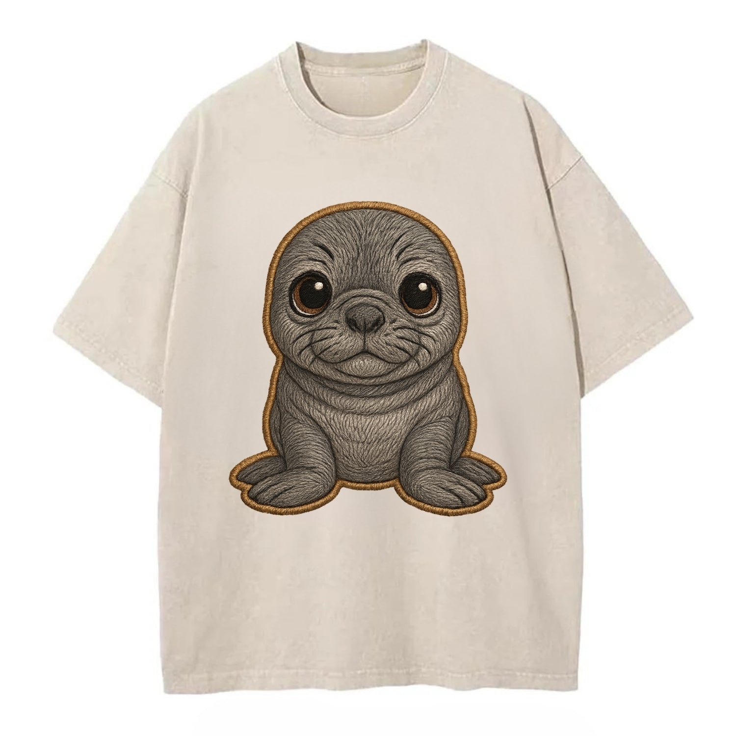 Baby Elephant Seal - gray wrinkly, tiny trunk nose, big dark eyes, front-facing, - Vintage T-shirt - Off White