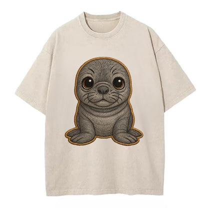 Baby Elephant Seal - gray wrinkly, tiny trunk nose, big dark eyes, front-facing, - Vintage T-shirt - Off White