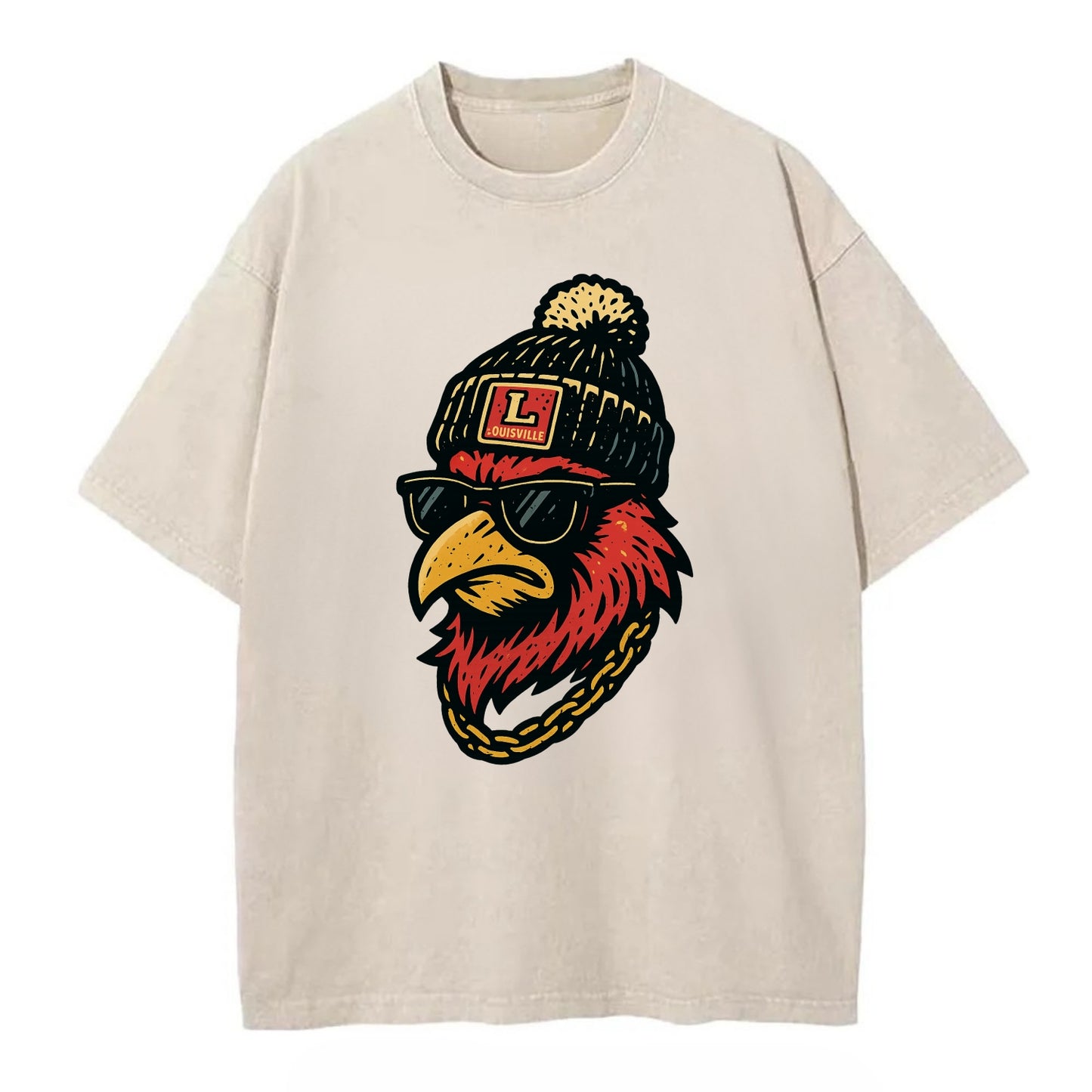 Louisville Cardinal wearing Louisville beanie with L patch - Vintage T-shirt - Off White