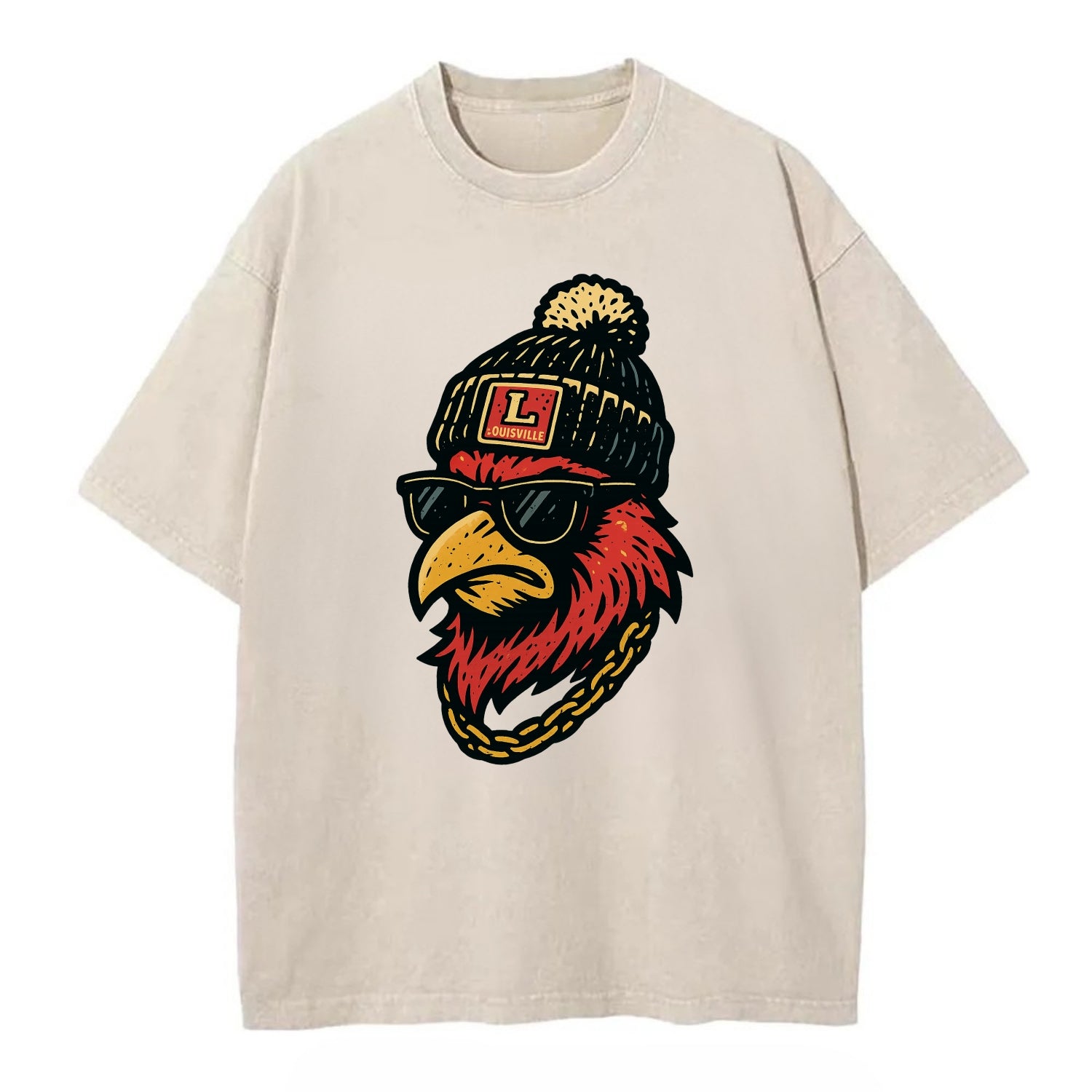 Louisville Cardinal wearing Louisville beanie with L patch - Vintage T-shirt - Off White