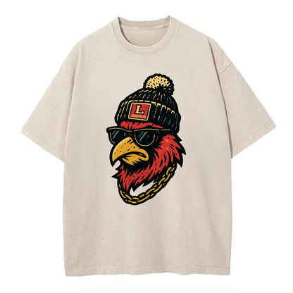 Louisville Cardinal wearing Louisville beanie with L patch - Vintage T-shirt - Off White