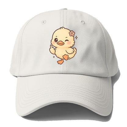 fluffy baby duck with small flower, one webbed foot raised sassily - Baseball Cap For Big Heads - Off White