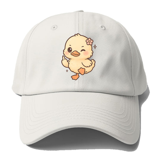 fluffy baby duck with small flower, one webbed foot raised sassily - Baseball Cap For Big Heads - Off White