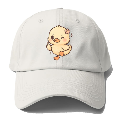 fluffy baby duck with small flower, one webbed foot raised sassily - Baseball Cap For Big Heads