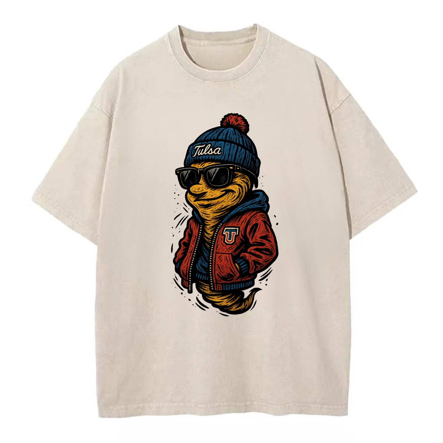 Tulsa Hurricane wearing Tulsa beanie with TU patch - Vintage T-shirt - Off White