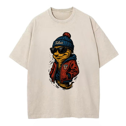 Tulsa Hurricane wearing Tulsa beanie with TU patch - Vintage T-shirt - Off White