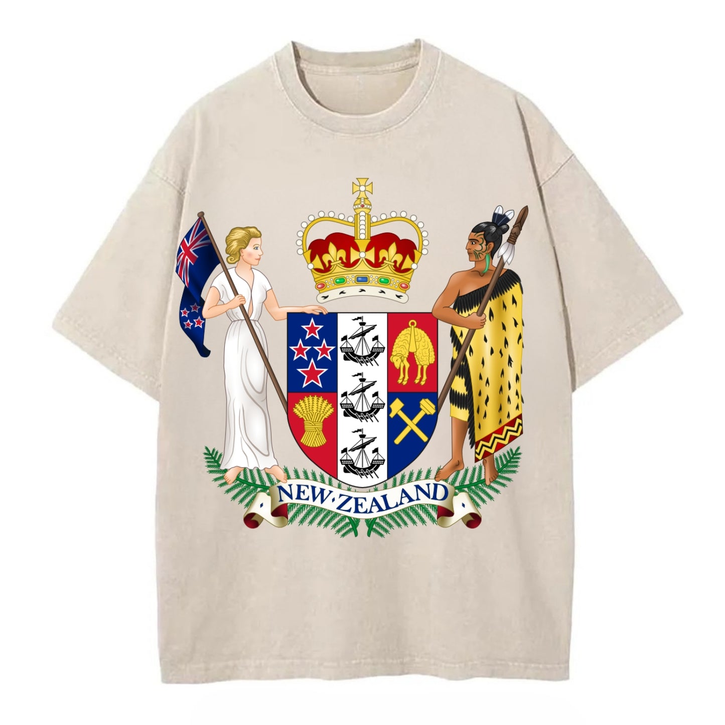 Coat Of Arms Of New Zealand - Vintage T-shirt - Off White
