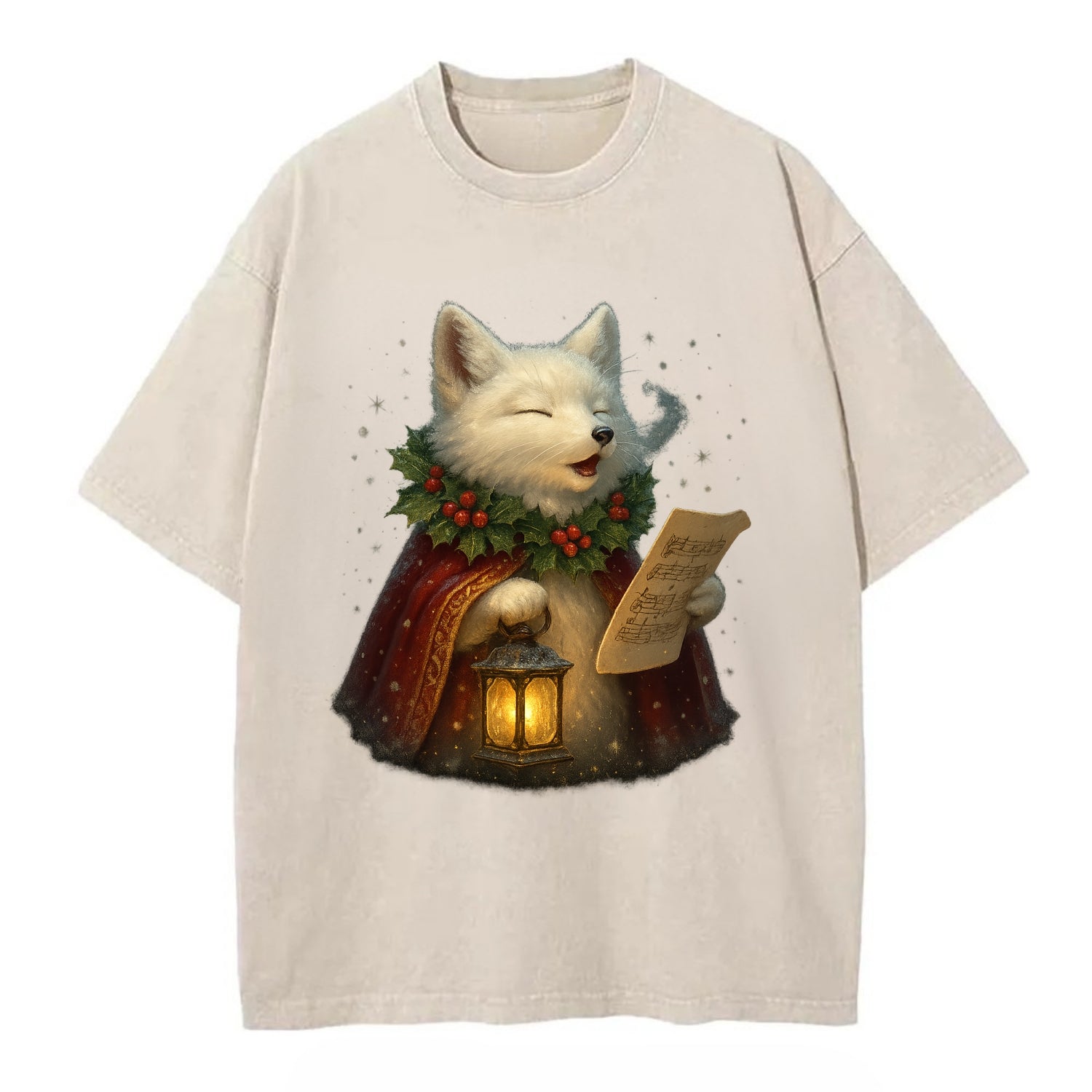 Snowbound Arctic Fox Caroler  - Vintage T-shirt - Off White