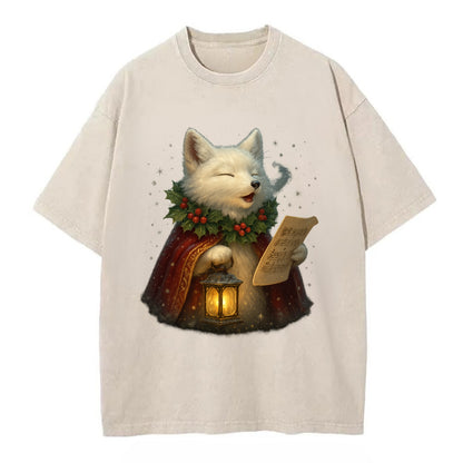 Snowbound Arctic Fox Caroler  - Vintage T-shirt - Off White