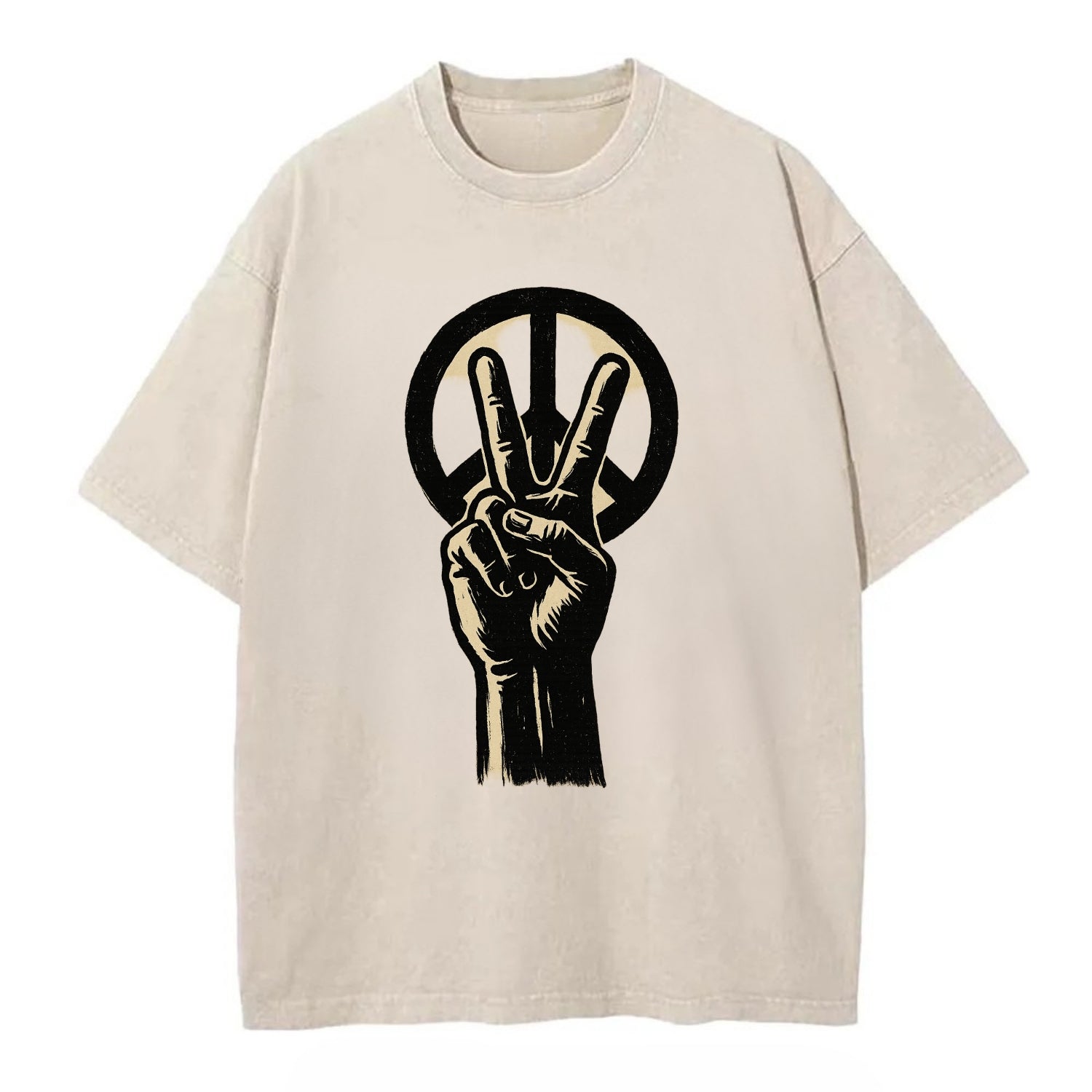 Peace sign hand gesture - anti-war movement ink brushstrokes - Vintage T-shirt - Off White